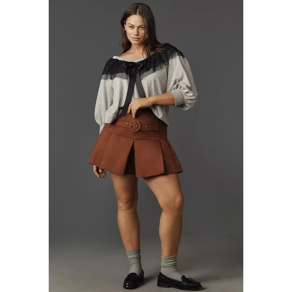 Anthropologie Maeve V-Neck Bow Sweater Pullover Top Tulle Mesh Ruffle XL 289709